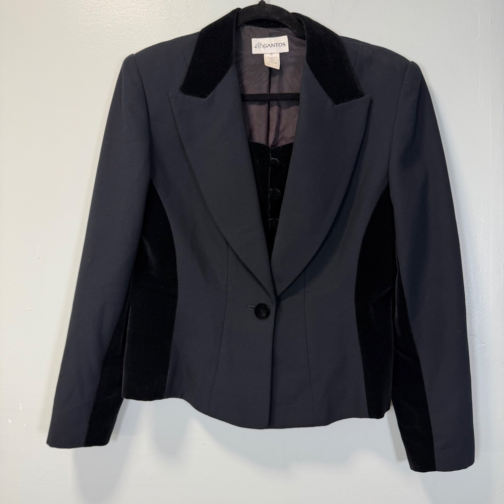 Vintage Gantos Womens‎ Black Velvet Trim Blazer Jacket 2-Piece Look Size 10